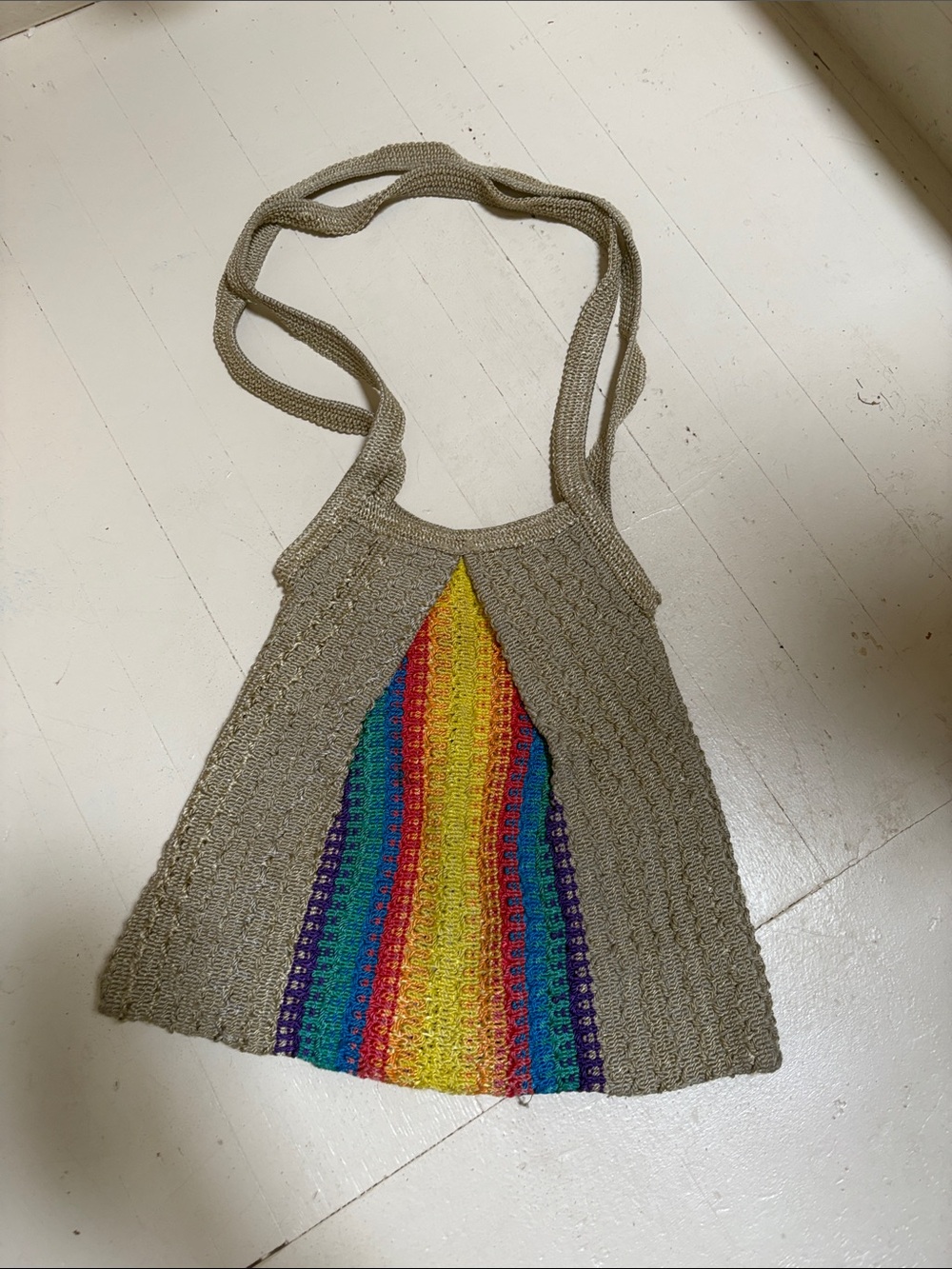 70’s/80’s Vintage Crochet Rainbow Panel Tank Top - Neutral with Rainbow Stripe